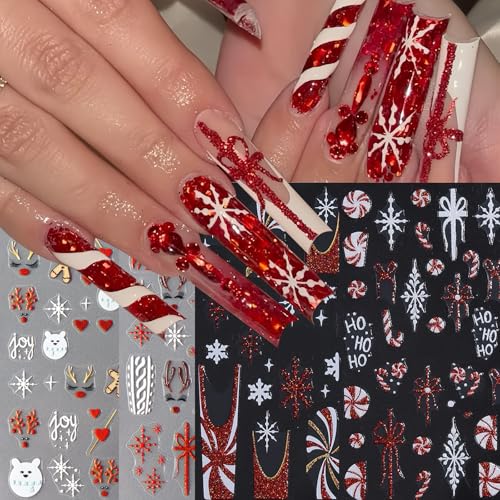 8Pcs Christmas Nail Stickers 5D Embossed Nail Decals Glitter Xmas Candy French Snowflake Gift Bow Elk Bear Nail Design Christmas Gingerbread Man Nails Supplies for Women Winter Holiday Manicure DIY