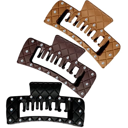 Bling bling Rhinestones Square Hair Clips Double Row Teeth,2 Rows Teeth Rectangle Hair Claw Clips with Shiny Rhinestones,Women Girls Sparkly Thick Hair Accessories Set(black coffee chocolate)