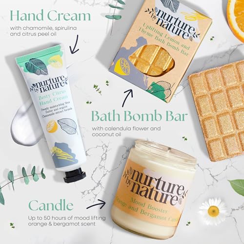 Nurture by Nature RELAX & UPLIFT Spa Kit for Women ? Birthday Gifts for Women ? 6 Piece Gift Basket with Hand Soap, Body Scrub, Hand Cream & More - Vegan Self Care Kit - Relaxation Gifts for Her