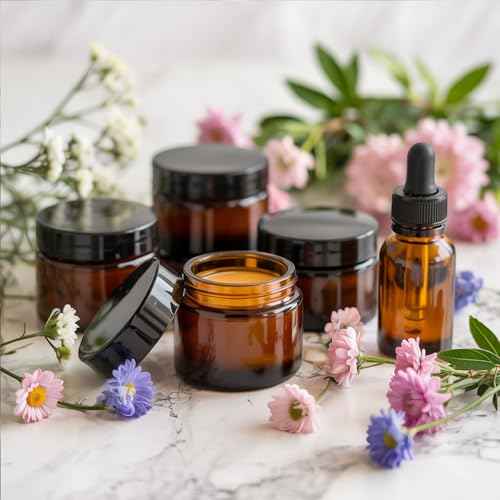 Amber 2oz Glass Jars with Lids - 24 Pack Brown Small Cosmetic Containers with Inner Liners, Wide-Round Smooth Mouth, Sealable for Creams, Lotions, Essential Oils, Body Butter, Travel Samples