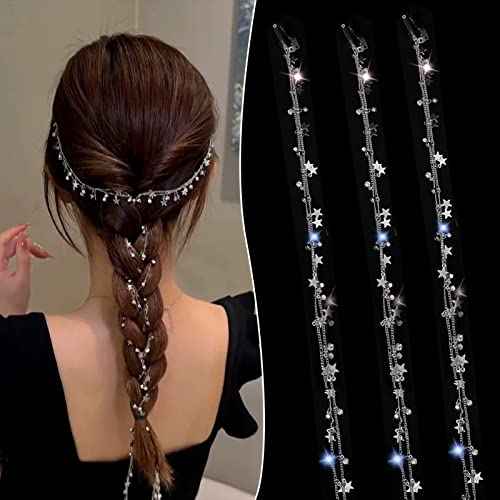 NICENEEDED 3Pcs Hair Chain for Braids, Silver Moon Star Tassel Hair Jewelry, 18 Inches Long Hair Clip Chains in Hair Braiding Hair Extensions for Women Daily Wear Halloween