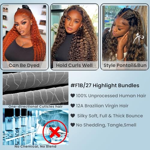 ALHER #1B/27 Skunk Stripe Highlight Water Wave Bundles 26 Inch, Balayage Ombre Black with Blonde Wet and Wavy Curly Single Bundle, 100% Unprocessed Virgin Remy Human Hair Soft Thick Sew In Double Weft