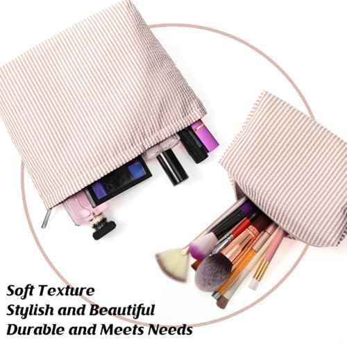 2 Pieces Makeup Bag Set Cute Cosmetic Pouch for Women Seersucker Travel Toiletry Bag Preppy Small Makeup Purse Pouch Aesthetic Skincare Brushes Storage Organizer for Women(Khaki)