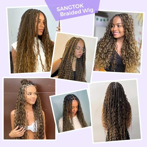 Boho Braided Wigs for black women, Knotless Box Ombre Black to Honey Brown Bohemian Braid Wig, Full Double Lace Ombre Braided Wig