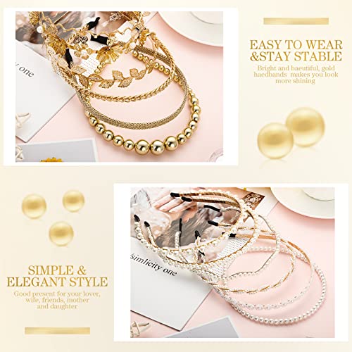 12 Pcs Pearls Headband Rhinestones Hairbands Faux Pearl White Bridal Headband Gold Alloy Flower Head Band Metallic Butterfly Hair Hoop Wedding Hair Accessories for Women, 12 Styles