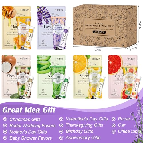 60 Pack Bulk Lip Balm, Facial Mask and Hand Cream Sets, Stocking Stuffers for Women, Christmas Gifts and Bridesmaid Gifts for Guests, Birthday Gifts, Adult Party Favors and Small Gifts for Women