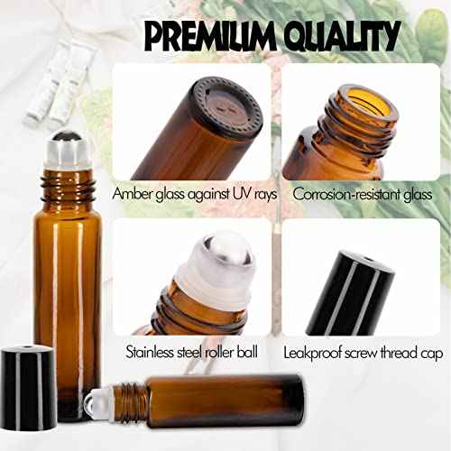 6 Pack Essential Oil Roller Bottles - 10ml Amber Glass Roll-On Bottles with Stainless Steel Roller Balls, Labels, 1*Openers, 1*Funnels, 1*Dropper
