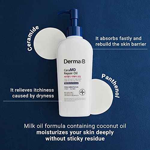 Derma B CeraMD Repair Oil 200ml, Unscented Fragrance Free Lightweight Fast Absorbing Soften Moisturizing Body Oil with Coconut Oil Milky Formula for Dry Sensitive Itchy Skin without Greasy