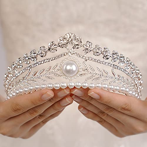 JWICOS Tiaras and Crowns for Women Pearl Wedding Tiara for Bride Baroque Queen Crown Rhinestone Hair Accessories for Birthday Pageant Prom