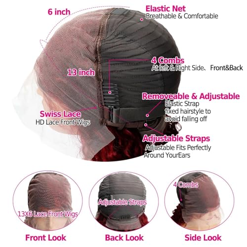 99j Burgundy Lace Front Wigs Human Hair 13x6 Deep Wave Lace Front Wigs Human Pre Plucked 180 Density HD Transparent Red Colored Wigs for Women with Baby Hair 20 Inch