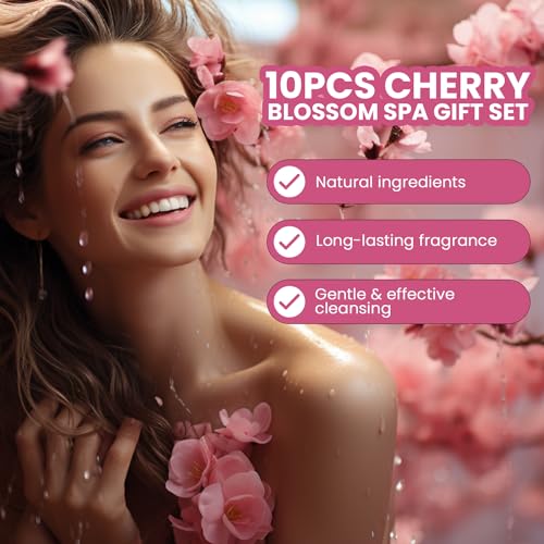 Green Canyon Spa Gift Baskets for Women Cherry Blossom Bath and Body Work Gift Set with Bubble Bath,Body Lotion Spa Gifts for Women Mothers Day Gifts for Mom