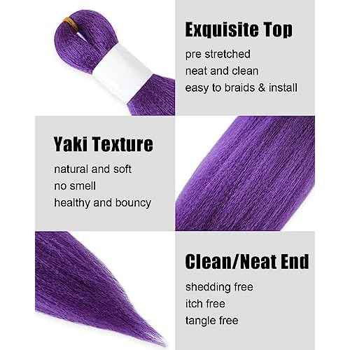 Purple Braiding Hair 12 Inch Pre Stretched Hair Long Straight Crochet Braids Yaki Texture Synthetic Fiber 4 Packs (Dark Purple)