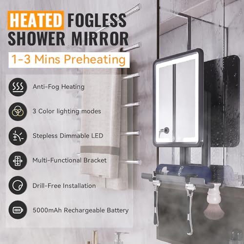 LED Fogless Shower Mirror for Shaving - Heated Fog Free, 3 Dimmable Lights, 360¡Æ Adjustable, Rechargeable - with Storage Tray, Razor & Shaving Brush Holders, Gifts for Men