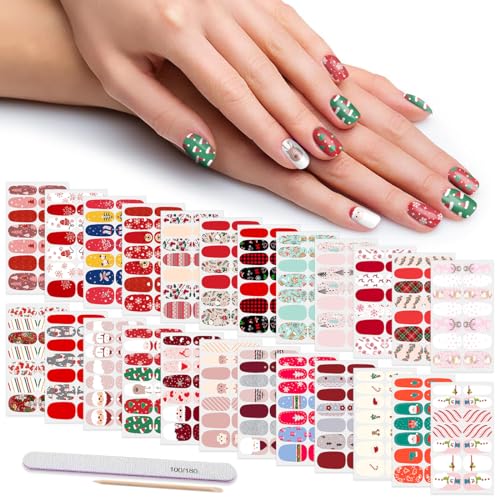 336 Pieces 24 Sheets Christmas Nail Stickers Adhesive Nail Wraps Nail Art Stickers Full Wraps Nail Polish Stickers for Women with Nail File, Cuticle Stick(Cute Series)