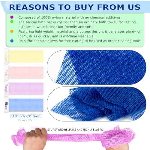 4 Pieces African Net Sponge ? Premium African Net Sponge for Deep Exfoliation Quick-Dry and Reusable Mesh for Smooth Skin£¨Yellow Pink Purple Blue£©
