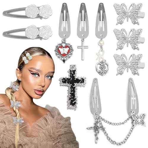 Punk Hair Clips Y2K Silver Barrettes 10PCS Butterfly Pendant Metal Snap Clips 7 Shapes Black Cross Alligator Clips Baroque Flower Hair Accessories for Women and Girls