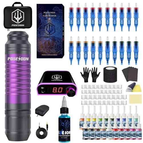 Tattoo Kit - POSEIDON Tattoo Pen Kit with Power Supply and foot Pedal,Rotary Tattoo Machine Kit Professional Complete with 20PCS Tattoo Cartridge Needles and 20 Pcs Tattoo inks for Beginner£¨PTK033£©