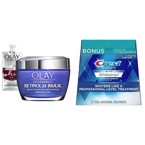 Olay Regenerist Retinol 24 Max Night Face Cream, Fragrance Free (1.7 Oz) + Travel Size Whip Face Moisturizer and Crest 3D Whitestrips, Professional Effects, Teeth Whitening Strip Kit (44 Strips)