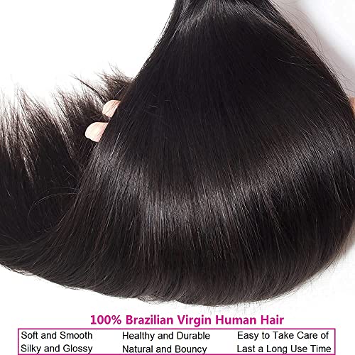 10A Brazilian Straight Human Hair Bundles with Frontal Closure 18 20 22+16 Inch Straight Bundle Human Hair with Closure 100% Unprocessed Virgin Hair Weave 3 Bundles with 13x4 HD Lace Frontal