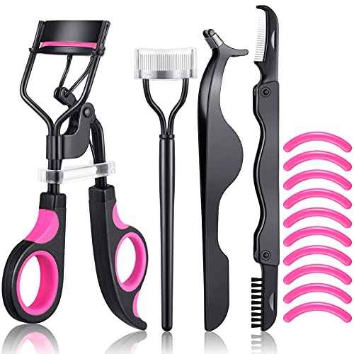 14 Pieces Eyelash Curler Kit Eyelash Comb Eyebrow Brush Tweezers False Eyelashes Applicator Tool Eyebrow Trimmer Silicone Refills Pads for Women(Black and Purple)