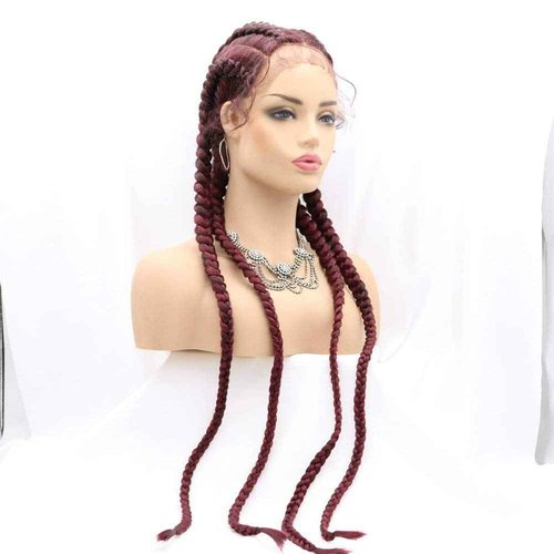 RainaHair 4 Twist Hand Braided Lace Front Wigs 32 Inches 1B# Black Mixed 27# Wig with Baby Hair 100% Hand-Braided Brown for Women (32 Inch) (Red)