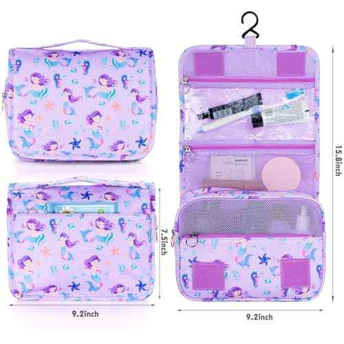 Kids Hanging Toiletry Bag for Girls, Travel Toiletry Bag for Little Young Girls Cosmetic Makeup Waterproof Wash Bag Toddler Traveling Toiletries, Mermaid Purple