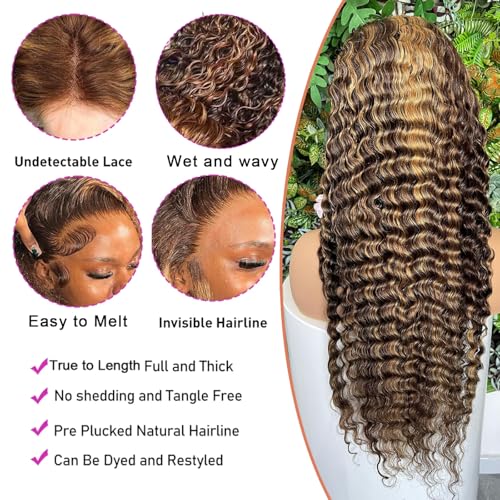 20 Inch Honey Blonde Deep Wave HD Lace Front Wigs Human Hair 180 Density 13x6 Full Lace Frontal Wigs Human Hair Pre Plucked Glueless Water Wave Ombre 4/27 Highlight Wigs for Women