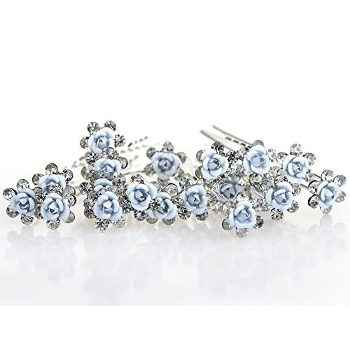 Vpang 20 Pcs Wedding Bridal Rhinestone Crystal Hair Pins Clips Women Headwear Wedding Decorative Hair Accessories (Blue Flower)