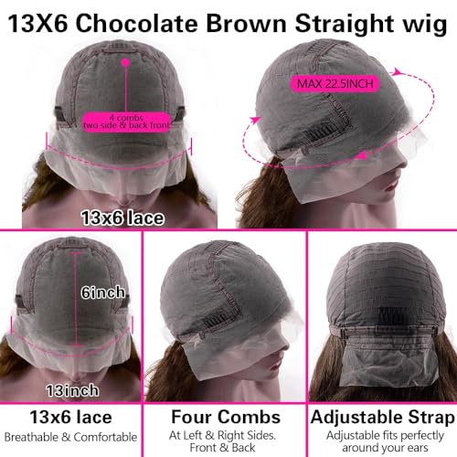 30 Inch Chocolate Brown Lace Front Wig - Human Hair, 13x6 Lace Front, 200% Density HD Lace Frontal, Glueless Lace Closure, Pre Plucked