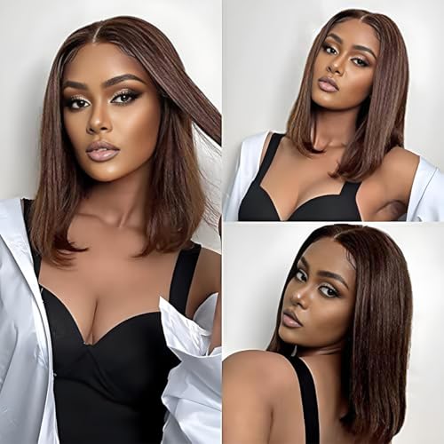 LICHANG 200% Density Chocolate Brown Bob Wigs Human Hair Front Wigs Human Hair 13x4 Straight Short Bob Wigs For Women Side Part Bob Wig Transparent Lace Wigs Baby Hair Natural Hairline