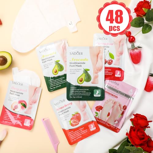 48 Pcs Fruits Foot Mask Bulk Hydrating Moisturizing Socks Feet Peeling Mask for Dry Cracked Aloe Foot Care for Spa Day Kit Beauty Relaxation Gift for Women