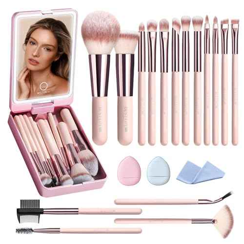Makeup Brushes with Case, 20PCs Travel Makeup Brush Set, Foundation Concealer Blush Eyeshadow Brush Set Contour Powder Eyebrow Eyelash Brush Kit with Led Light Mirror Holder & 2 Powder Puff-Pink