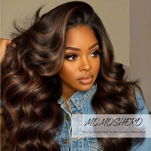 Brown Highlight Body Wave Human Hair 3 Bundles, 12A Balayage Ombre Blonde Color Wavy Bundles Human Hair 100% Remy Hair Soft and Glossy #1b/30 Black Hair with Highlights Sew In 10 12 14 Inch