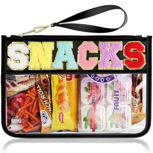 Snack Bag for Travel - Clear Chenille Varsity Letter Flat Pouch with Zipper, 12.2¡¿8.46 inch Waterproof Clear Nylon Preppy Patch Makeup Cosmetic tote Bags for Women Girls