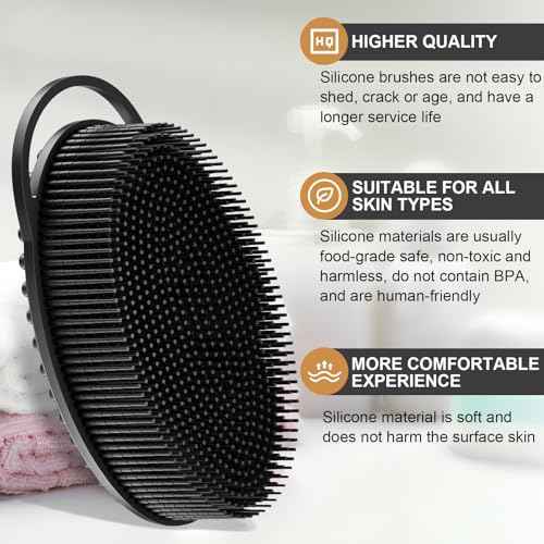 Metene Silicone Exfoliating Body Scrubber with Loop, Body Scrubber for Men and Women, Silicone Loofah for Shower, Soft Silicone for Shower and Bath Skincare Routine (Black)