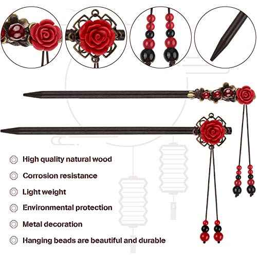 WILLBOND 2 Pieces Chinese Wooden Hair Sticks Retro Wooden Hairpins Japanese Classic Hair Chopsticks Handmade Flower Accessories for Women(Classic Style)