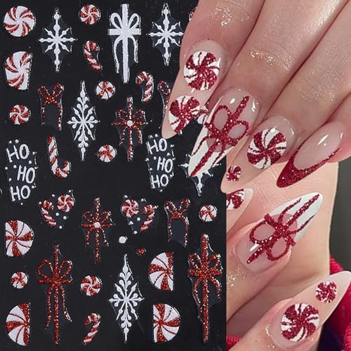 8Pcs Christmas Nail Stickers 5D Embossed Nail Decals Glitter Xmas Candy French Snowflake Gift Bow Elk Bear Nail Design Christmas Gingerbread Man Nails Supplies for Women Winter Holiday Manicure DIY