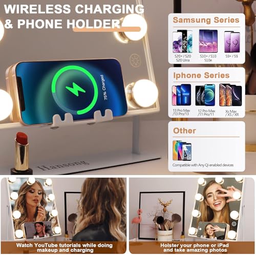 Hansong Lighted Vanity Mirror with Bluetooth Speaker and Wireless Charging Makeup Mirror with Lights 9 Dimmable Bulbs Lighted Makeup Mirror 3 Color Lighting Tabletop (White)