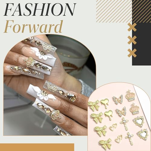 80PCS Gold Nail Charms Crystal Gold Heart Nail Charm Shiny Crown Nail Charms Sparkly Butterfly Charms Alloy Gold Nail Crosses for Nail Art and DIY Crafts Decoration