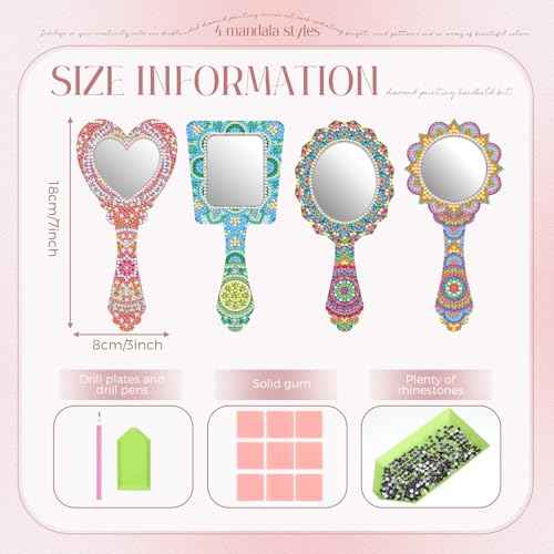 4 Pcs Diamond Painting Mirror Handheld Kits Valentine Christmas Art Gifts Compact Decorate Your Own Mirror for Hand DIY Crafts