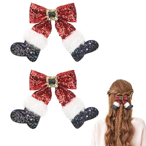 2 Pcs Christmas Hair Clips Santa Boot Hair Barrettes Sparkly Sequin Red Big Bow Christmas Stocking Hairpin Glitter Bows Barrettes Christmas Hair Accessories for Girls Women Xmas Party Gifts