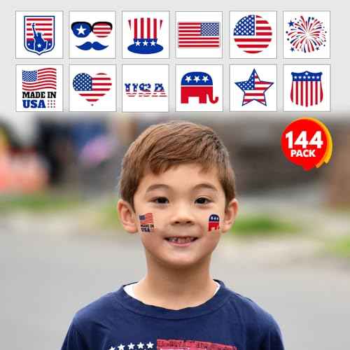 ArtCreativity American USA Patriotic Individual Tattoos for Kids (Pack of 144) Non-Toxic 1.5 Inch Pre-Cut Temporary Tattoos - Red White and Blue, July 4th Labor Day Tattoo Party Favors and Accessories
