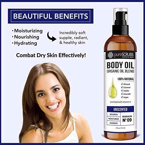 pureSCRUBS Ultra Moisturizing Unscented Body Oil Spray for Dry Skin, Massage, Stretch Marks, Organic Super Blend of Jojoba, Argan, Coconut, Sweet Almond & Avocado Oils Enriched with Vitamin E, Lg 4oz