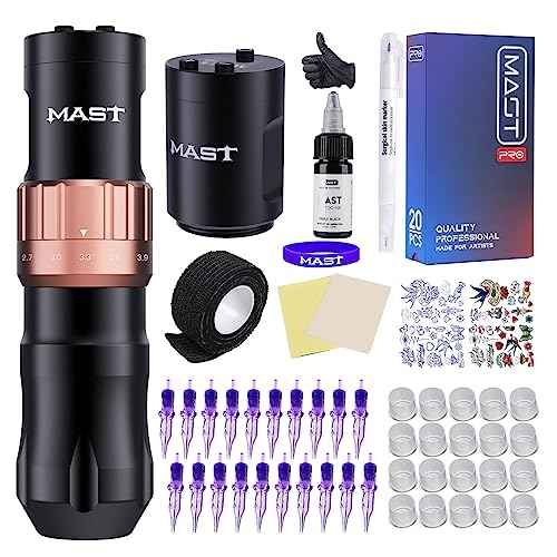 Mast Fold2 Tattoo Gun Kit, Wireless Complete Tattoo Kit, 7 Strokes Length Tattoo Machine, 2 Batteries Power Supply, Pro Tattoo Needles Cartridges Black Inks QP-047