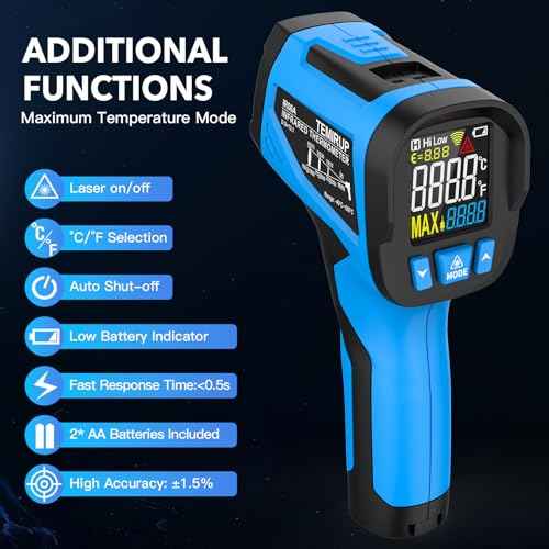 Infrared Thermometer Temperature Gun - TEMIRUP Non-Contact Digital Laser Thermometer Temp Gun with Thermocouple Probe for Industrial, Cooking, Griddle, Engine, HVAC, Adjustable Emissivity,-40¢µ~1202¢µ