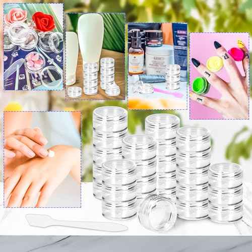 MotBach 100 Pcs 5g Empty Plastic Containers with Clear Lids,Mini Makeup Sample Containers, Small Sample Pot Jars Round Cosmetic Jars with Mini Spatulas for Liquid Sample Powder Creams Lotions
