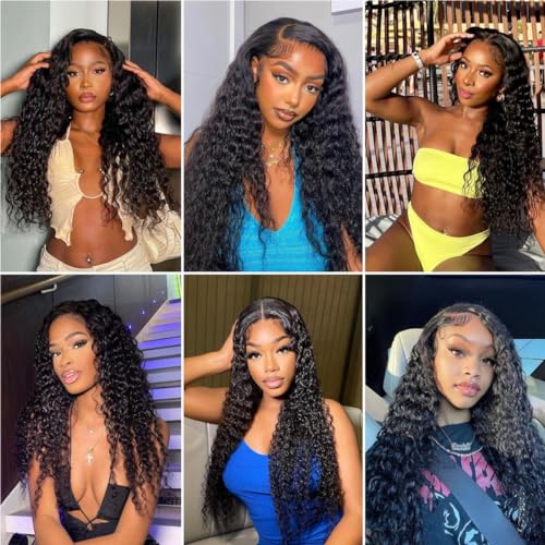 Human Hair Deep Wave Bundles with Closure 12 14 16+10 Inch Curly Weave Bundles Human Hair with 4x4 Lace Closure 12A Brazilian Remy Hair Pre Plucked with Baby hair Extensions for Black Women