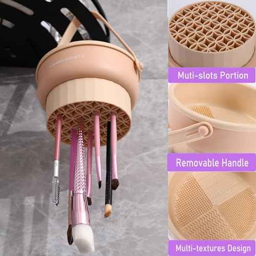 3 in 1 Brush Cleaning Mat with Brush Drying Holder, Silicone Makeup Brush Cleaner Mat Make Up Brush Cleaning Bowl Cosmetic Brush Washing Tool for Makeup Brush, Sponge, Powder Puff (Purple)