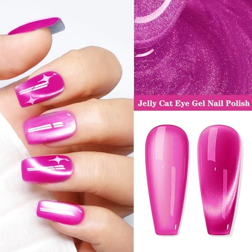 Jelly Cat Hot Pink Gel Nail Polish - Glossy Cat Eye, Magnetic, Translucent & Glass Finish