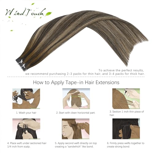 WindTouch Tape in Hair Extensions Human Hair Balayage Chocolate Brown to Caramel Blonde 22inch 50g 20pcs Thick Ends Tape in Extensions Invisible Tape in Hair Extensions Human Hair